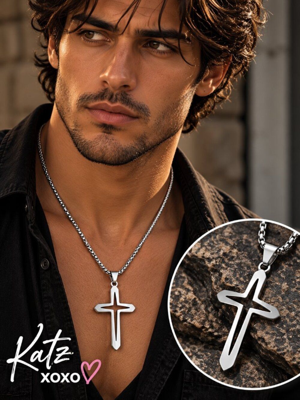 Silver Hollow Cross Necklace Stainless Steel Box Chain Christian Faith Unisex
